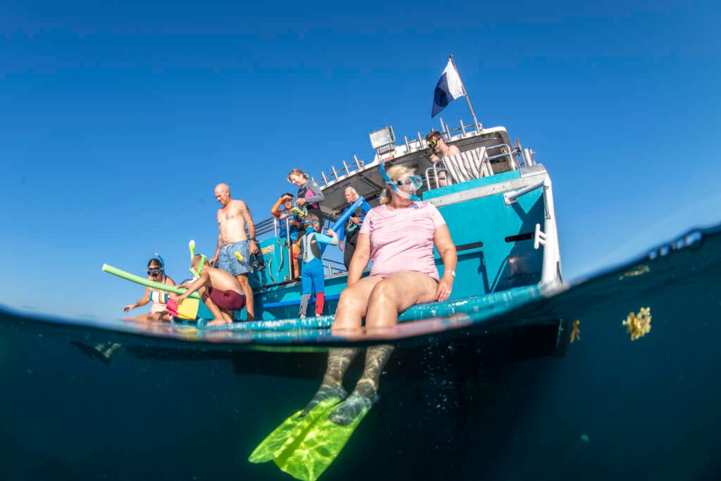 Robyn Foyster swimming with whale sharks in Ningaloo reef