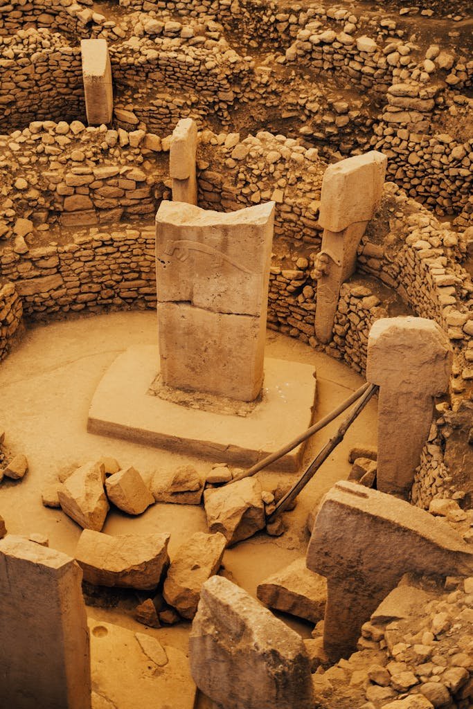Aerial view of the prehistoric stone structures at Göbekli Tepe in Şanlıurfa, Turkey.