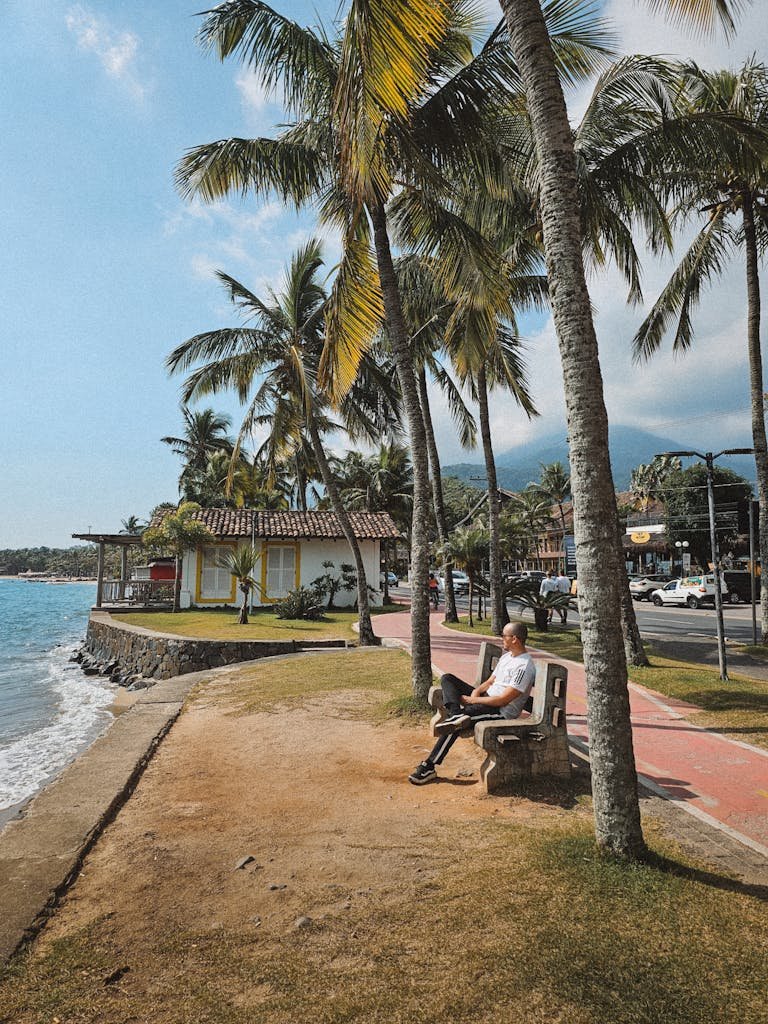 A person sits on a bench by the beach in Ilhabela, Brazil, surrounded by palm trees and ocean views.