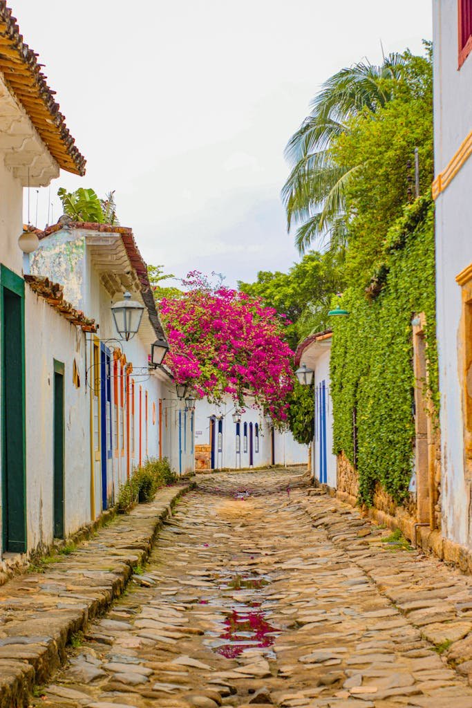 Explore the vibrant cobblestone streets of historic Paraty with colorful architecture and lush greenery.