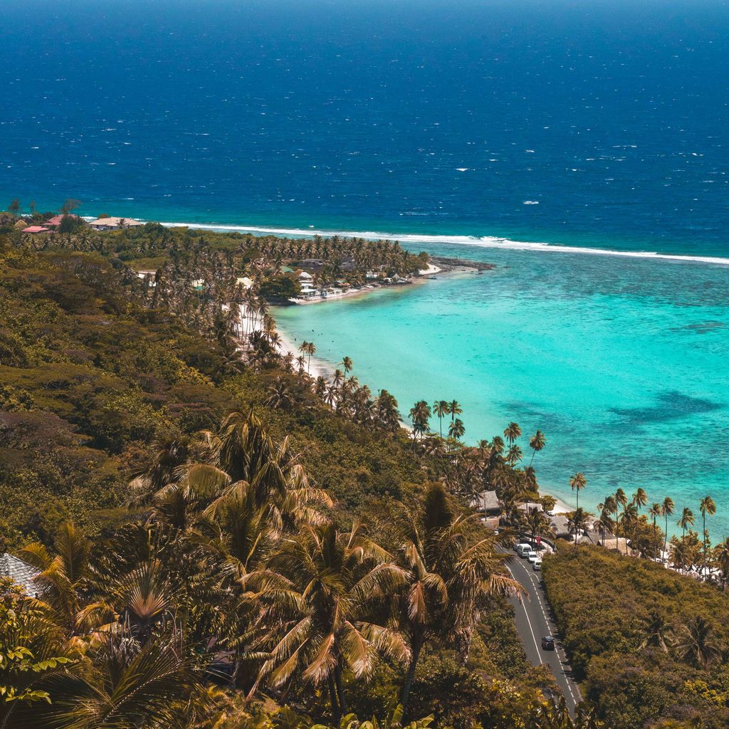 Breathtaking aerial view of a tropical island landscape with turquoise sea and palm trees.