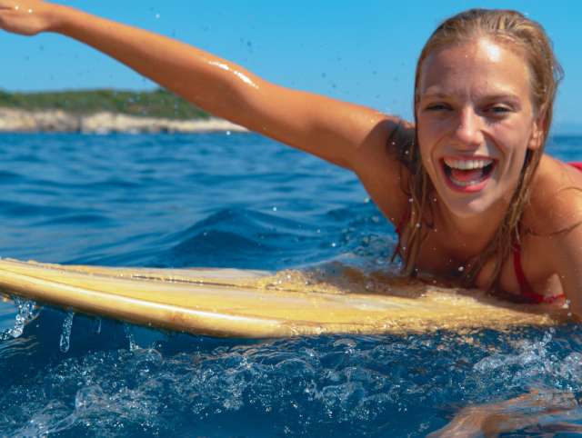 CLOSE UP, PORTRAIT, DOF: Smiling surfer girl having fun swimming to the line up to catch big crashing waves. Beautiful young Caucasian woman enjoys her summer vacation by surfing on a perfect day.